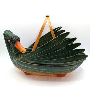 Vintage Zhejiang Chinese Swan Duck Goose Wicker Basket Green Bird 13"